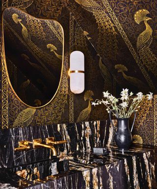 powder room with dark wallpaper and marble sink