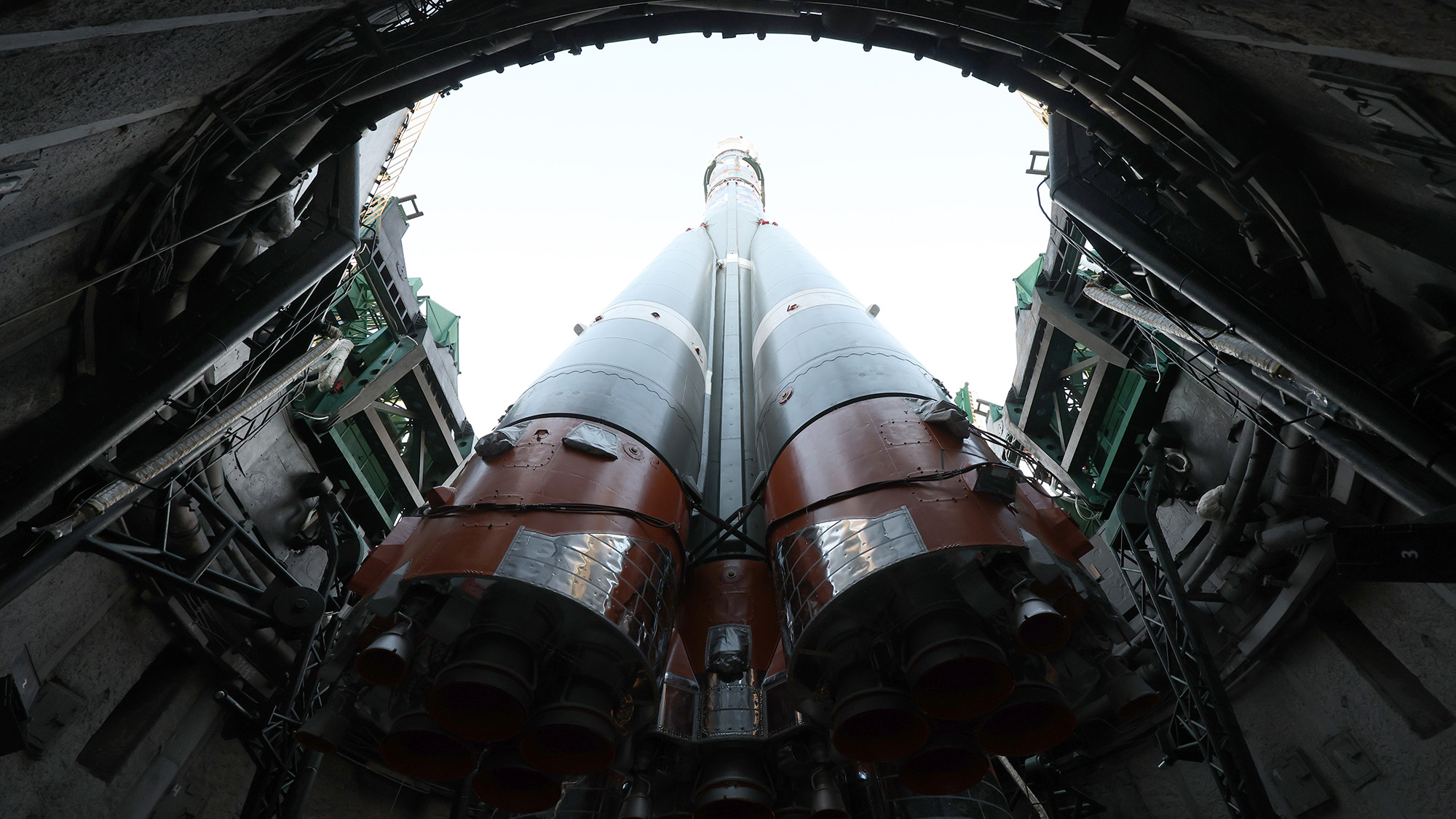 The Soyuz MS-28 spacecraft seen on the launch pad at the Baikonur Cosmodrome, in Baikonur, Kazakhstan