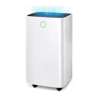 White dehumidifier with a graphic depicting blue air flow coming out of the top