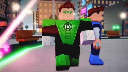 A Green Lantern saunters through the streets in Lanterns on Roblox.
