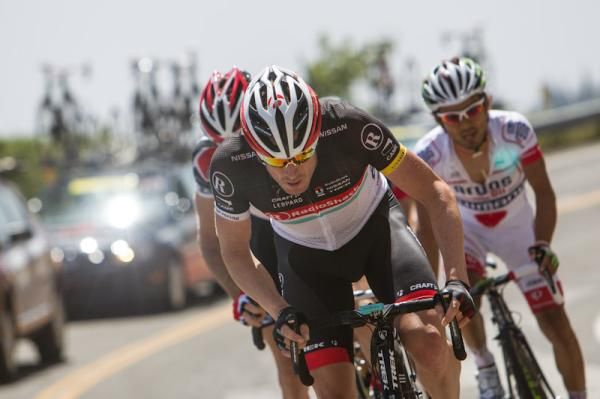 Gregory Rast leads the breakaway on stage 6 in California