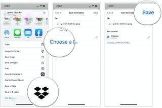 To save your attachment to Dropbox, select Save to Dropbox from the Share sheet, then choose the folder to have your file. You can tap Choose a Folder to select a different location. Then tap Save.