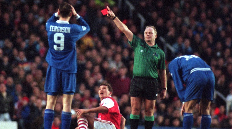 Duncan Ferguson gets a red card against Arsenal in the Premier League