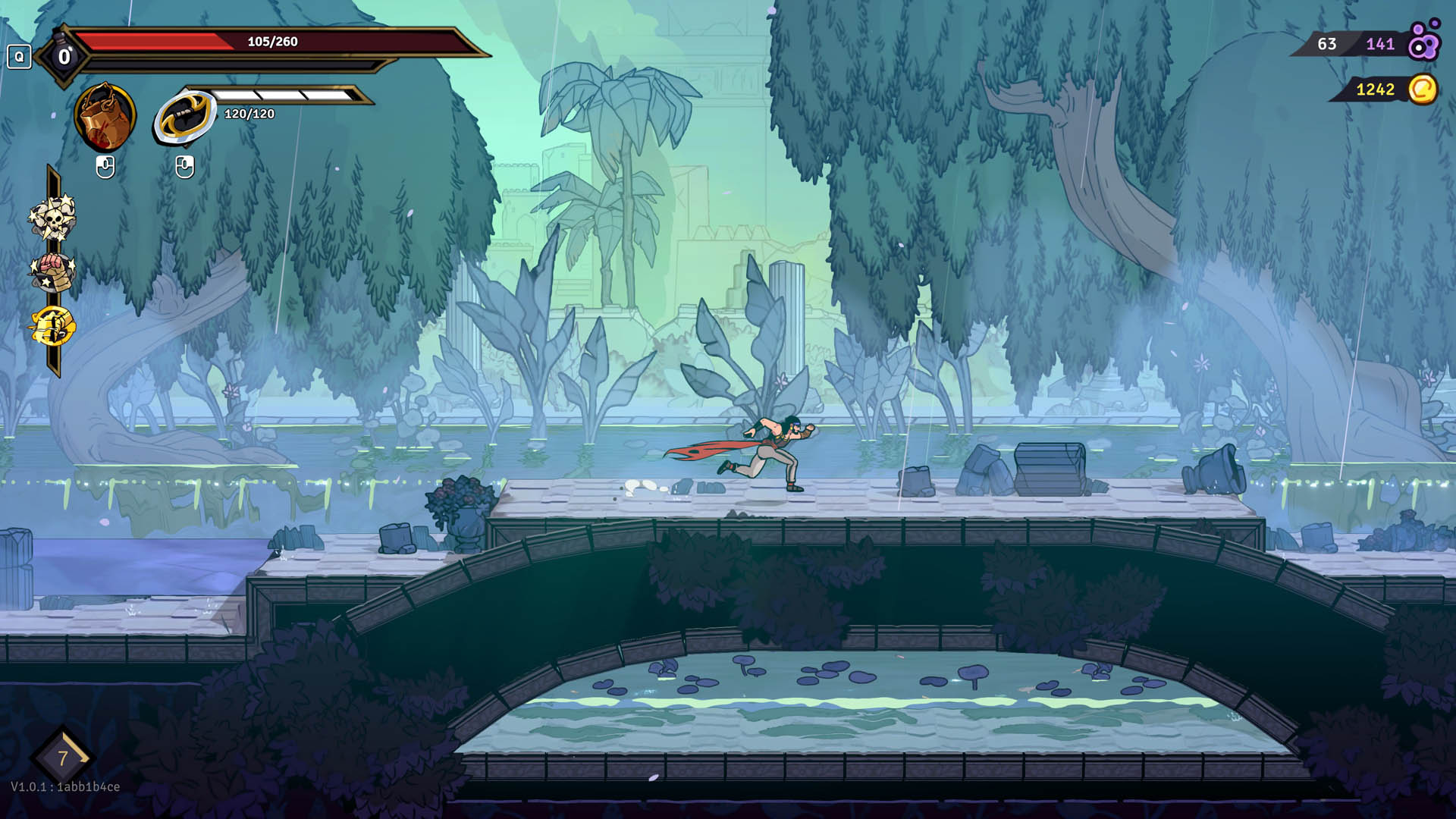 The Prince runs along a bridge across a pretty pond in The Rogue Prince of Persia