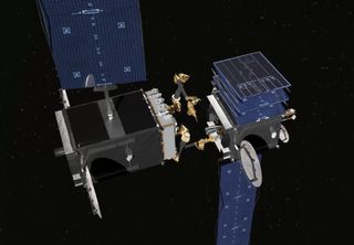 Artist's illustration of one satellite inspecting another. On Aug. 14, 2018, a US diplomat said that a Russian satellite described as a "space apparatus inspector" has been behaving very oddly on orbit, raising the possibility that it may be a space weapo