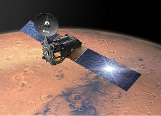 An artist's depiction of ESA's Trace Gas Orbiter at work around Mars.