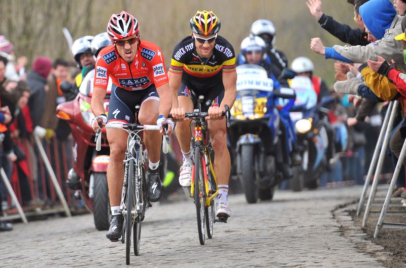 Fabian Cancellara and Tom Boonen duel in 2010 with the Swiss champion coming out on top