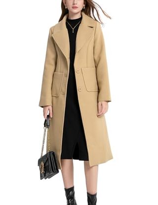 Sukany Women's Winter Casual Notch Lapel Wool Blend Coat Single Breasted Mid Long Pea Coat Jacket (camel,xl)