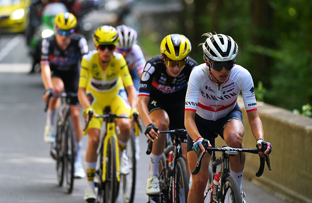 CHATEL LES PORTES DU SOLEIL, FRANCE - AUGUST 03: Katarzyna Niewiadoma of Poland and Team CANYON//SRAM zondacrypto competes in the breakaway during the 4th Tour de France Femmes 2025, Stage 9 a 124.1km stage from Praz-sur-Arly to Chatel Les Portes du Soleilon 1298m / #UCIWWT / August 03, 2025 in Chatel Les Portes du Soleil, France. (Photo by Tim de Waele/Getty Images)