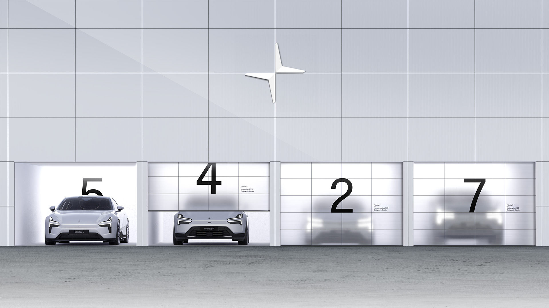 Polestar garage including the Polestar 5, Polestar 4 and hidden versions of the Polestar 2 and 7