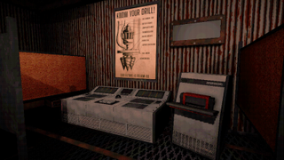 The player stands in front of the drill control panel in Descending.