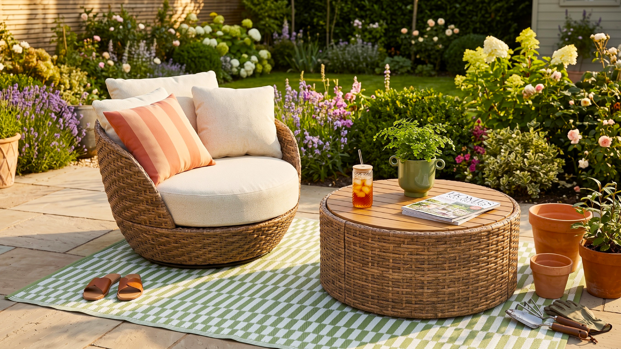 Beautiful garden furniture by Drew Barrymore at Walmart in a pretty garden