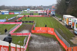 A view of a circuit empty of fans during the 2021 Dendermonde World Cup the day after Christmas