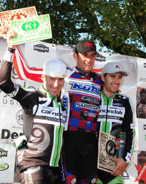 Elite Men's Podium (L to R) Tim Johnson (Cyclocrossworld.com-Canondale) 3rd, Ryan Trebon (Kona) 1st, Jamey Driscoll (Cyclocrossworld.com-Canondale) 2nd