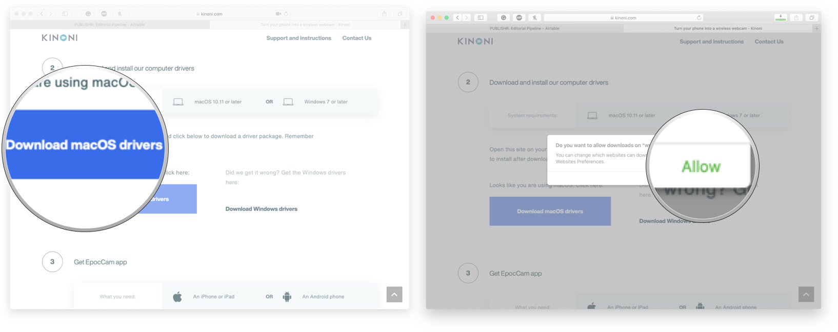 Setting up EpocCam on your Mac: download the macOS drivers and then click allow.