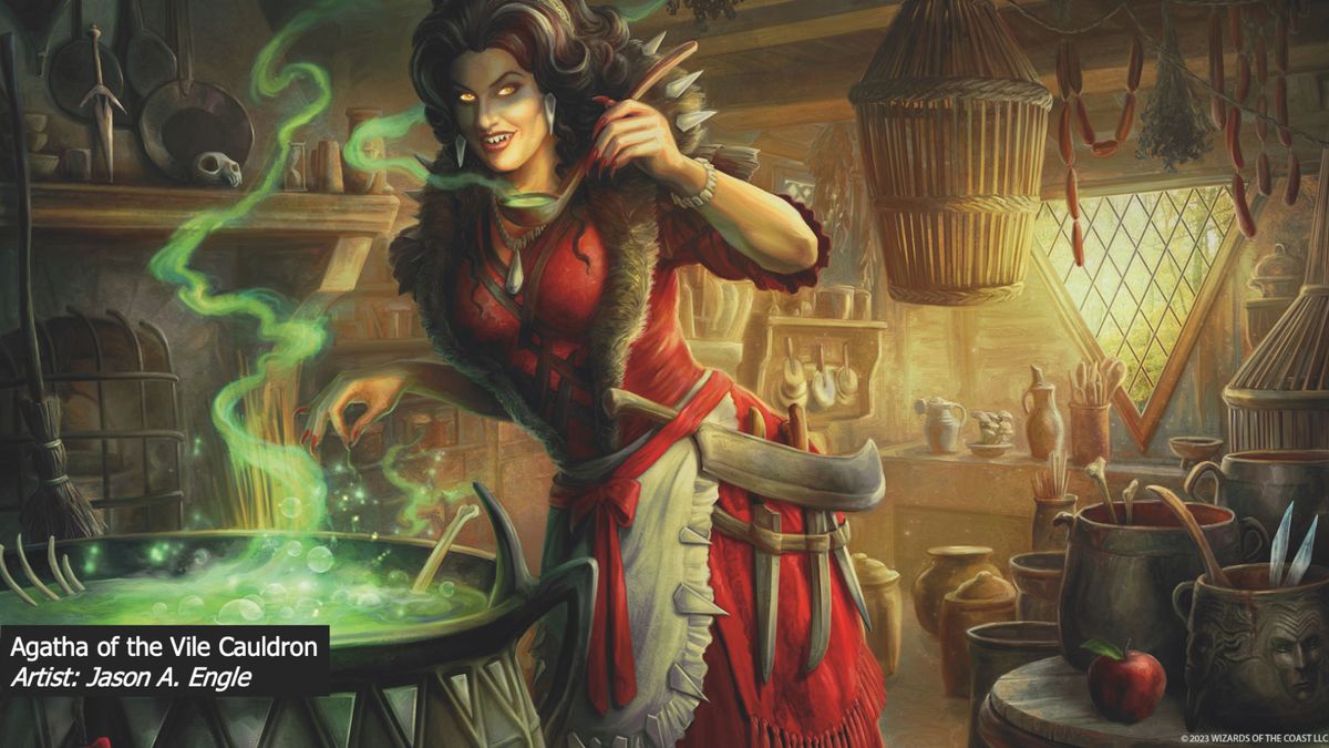 An MTG version of the witch from Hansel and Gretel in Wilds of Eldraine