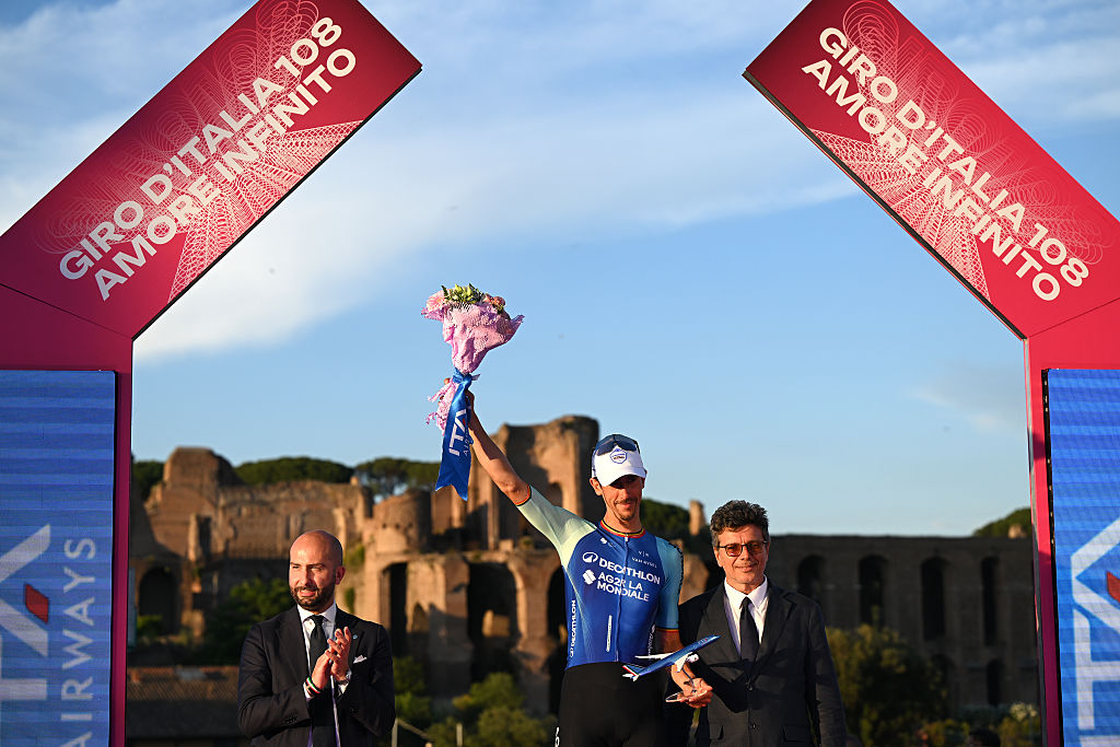 ROME ITALY JUNE 01 Dries De Bondt of Belgium and Team Decathlon AG2R La Mondiale celebrates at podium during the 108th Giro dItalia 2025 Stage 21 a 1448km stage from Rome to Rome UCIWT on June 01 2025 in Rome Italy Photo by Dario BelingheriGetty Images