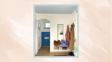 A picture of a small entryway with coats, shoes, and a mirror