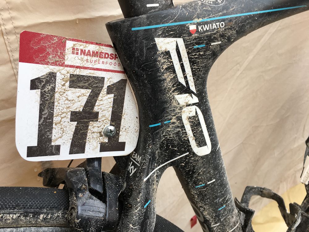 Kwiatkowski's F10 bore the "171" of the Team Sky leader for Strade Bianche