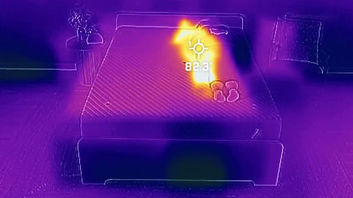 A picture of the Siena Memory Foam Mattress taken using a thermal imaging camera. This screenshot is from 9 minutes into the testing period, when our readings showed the temperature at its highest. In the image, our tester Ruth Jones lies on the right side of the mattress and she shows on the thermal imaging camera as a bright white / yellow shape. The rest of the mattress is cooler in comparison and shows up purple. A crosshair is placed in the center of the body, displaying a temperature reading of 82.3&deg;F.