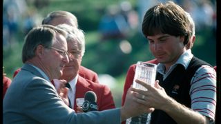 Fred Couples being presented with the trophy after his 1984 Players Championship win