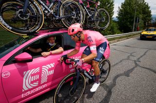 Stefan Bissegger of Switzerland and Team EF Education - Nippo & Charles Wegelius of The United Kingdom sports director during the 108th Tour de France 2021