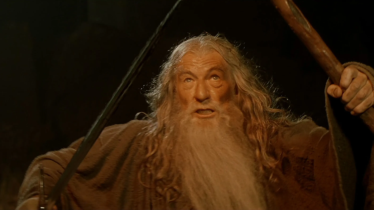 Gandalf says "You shall not pass!" to the Balrog in The Lord of the Rings: The Fellowship of the Ring