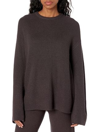 The Drop, The Drop Women's Alice Crewneck Back Slit Ribbed Pullover Sweater, Chocolate, S