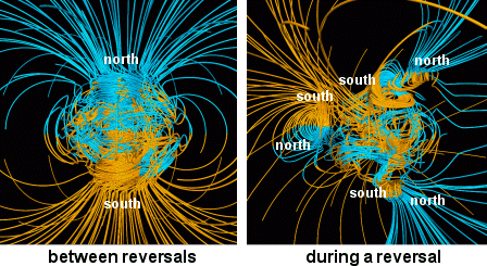Supercomputer models of Earth's magnetic field. On the left is a normal dipolar magnetic field. On the right is the sort of complicated magnetic field Earth has leading up to a reversal.