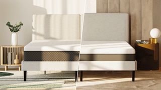 A split photo of the Emma NextGen Premium and Emma Luxe Cooling mattress, both in bedrooms