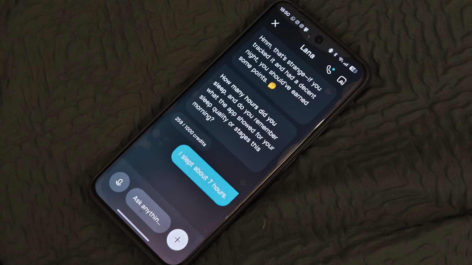 The Fitnexa app on an Android phone, showing the AI assistant give up mid-conversation.