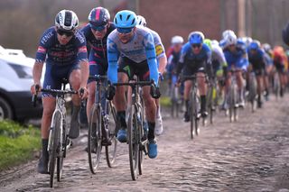 DOUR BELGIUM MARCH 03 Gianni Vermeersch of Belgium and Team AlpecinFenix Tom Van Asbroeck of Belgium and Team Israel StartUp Nation Cobblestones during the 52nd Grand Prix Le Samyn 2020 a 2019km race from Quaregnon to Dour GPSamyn gpsamyn on March 03 2020 in Dour Belgium Photo by Luc ClaessenGetty Images