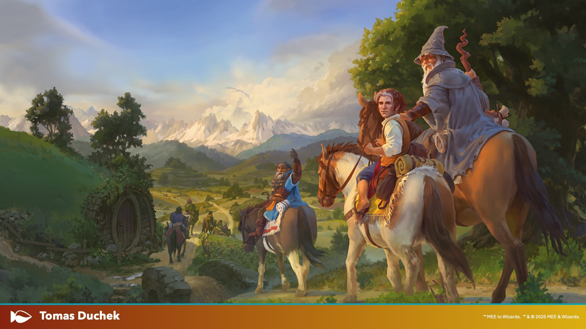 MTG The Hobbit artwork featuring Bilbo Baggins, Gandalf, and the dwarves riding through the Shire