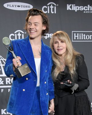 Harry Styles and inductee Stevie Nicks pose in the press room during the 2019 Rock & Roll Hall Of Fame Induction Ceremony - Press Room at Barclays Center on March 29, 2019 in New York City