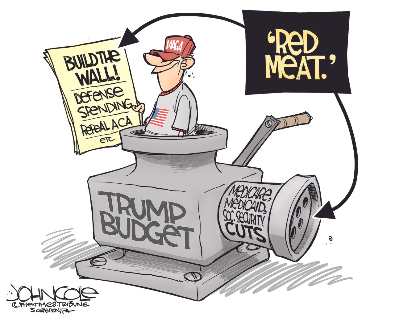 Political Cartoon U.S. Trump red meat wall budget