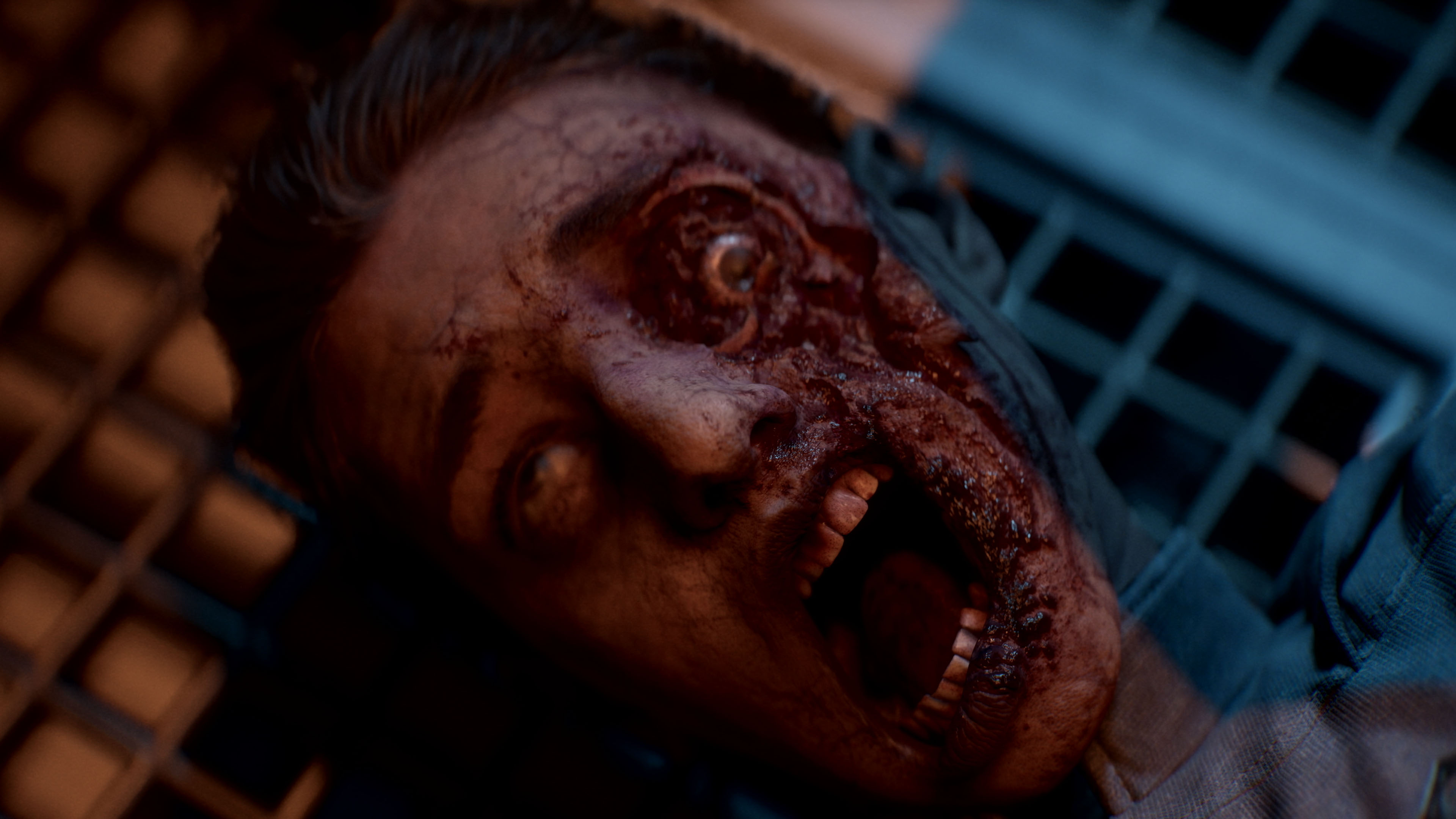 A close up shot of someone's face screaming in terror, while rot is spreading across their face.