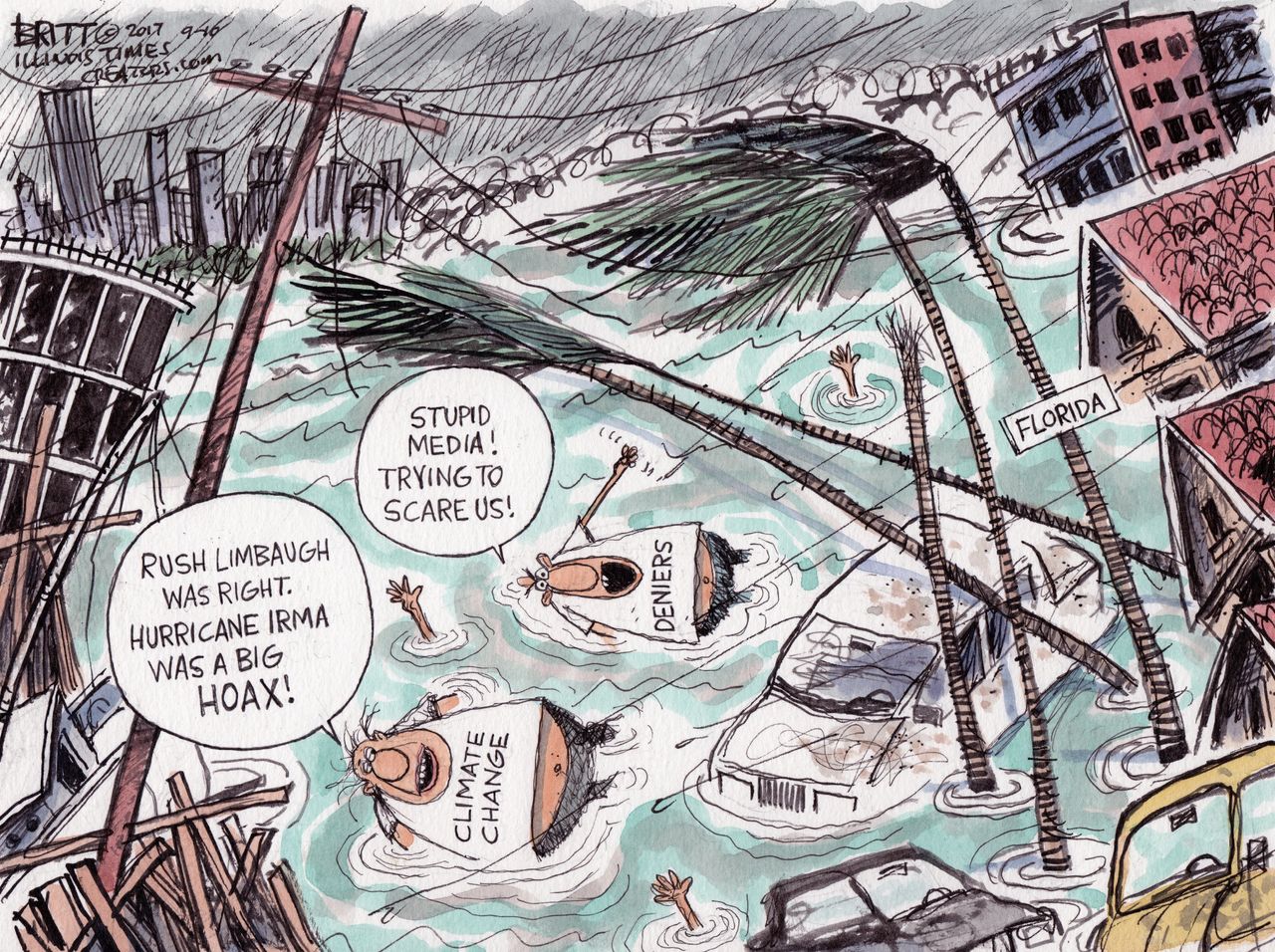 Political cartoon U.S. GOP climate change deniers hurricanes