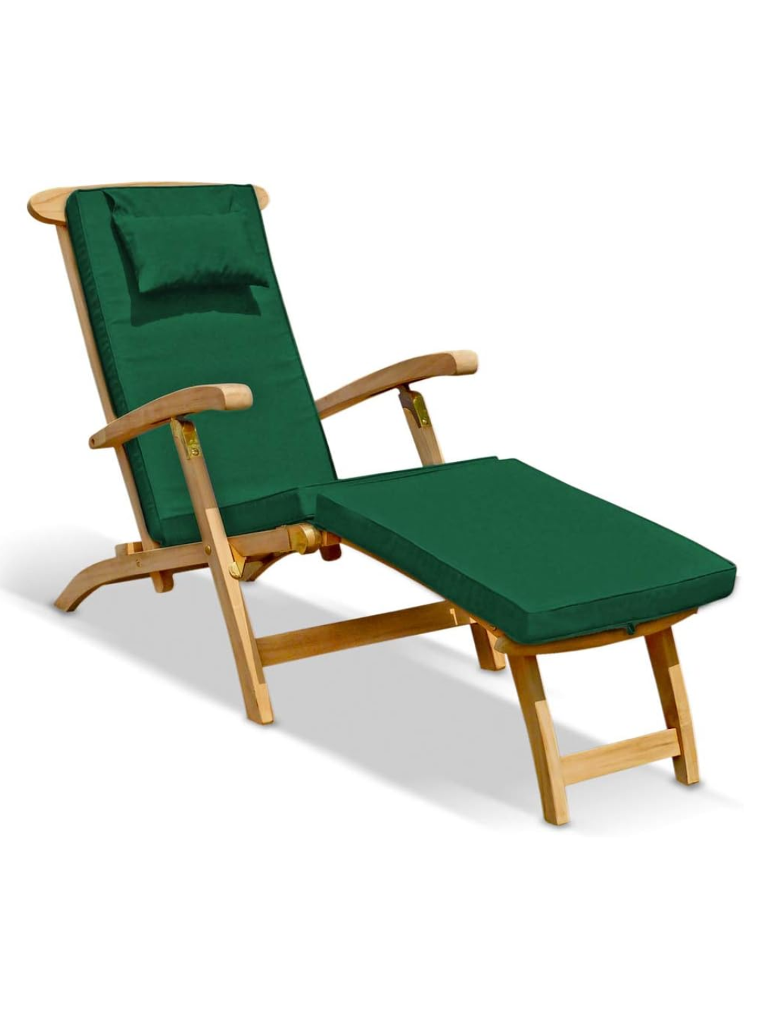 Wooden steamer chair with green cushioning
