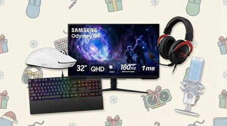 PC gaming accessories against a Christmas-themed PC gaming background