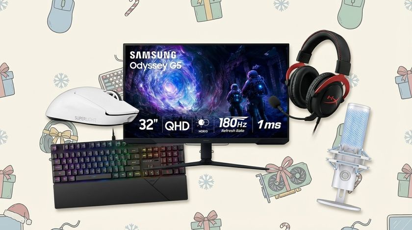 PC gaming accessories against a Christmas-themed PC gaming background