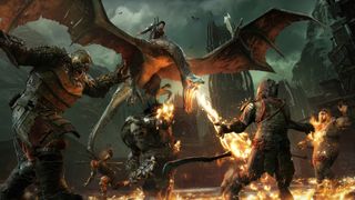 A fellbeast burning orcs in Shadow of War