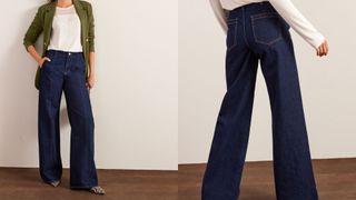 composite of model wearing dark blue Next Tailored Wide Leg Jeans