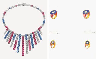 white gold, tanzanite, tourmaline, rubellite and diamond necklace and Bulgari Stars and Stripes sketch from the 1970s