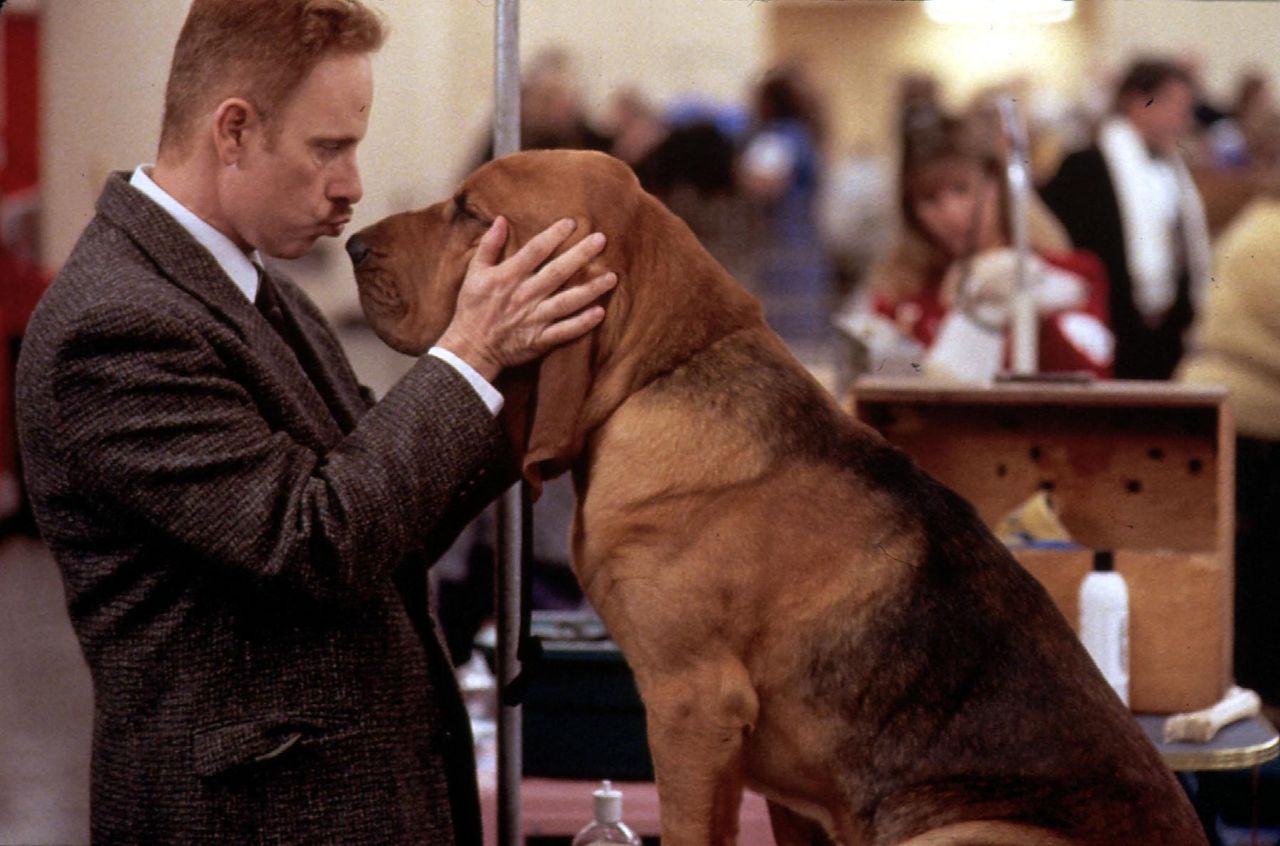 A man in a tweed jacket gently holds a Bloodhound&rsquo;s face and presses his forehead to the dog&rsquo;s, backstage at a busy dog show.