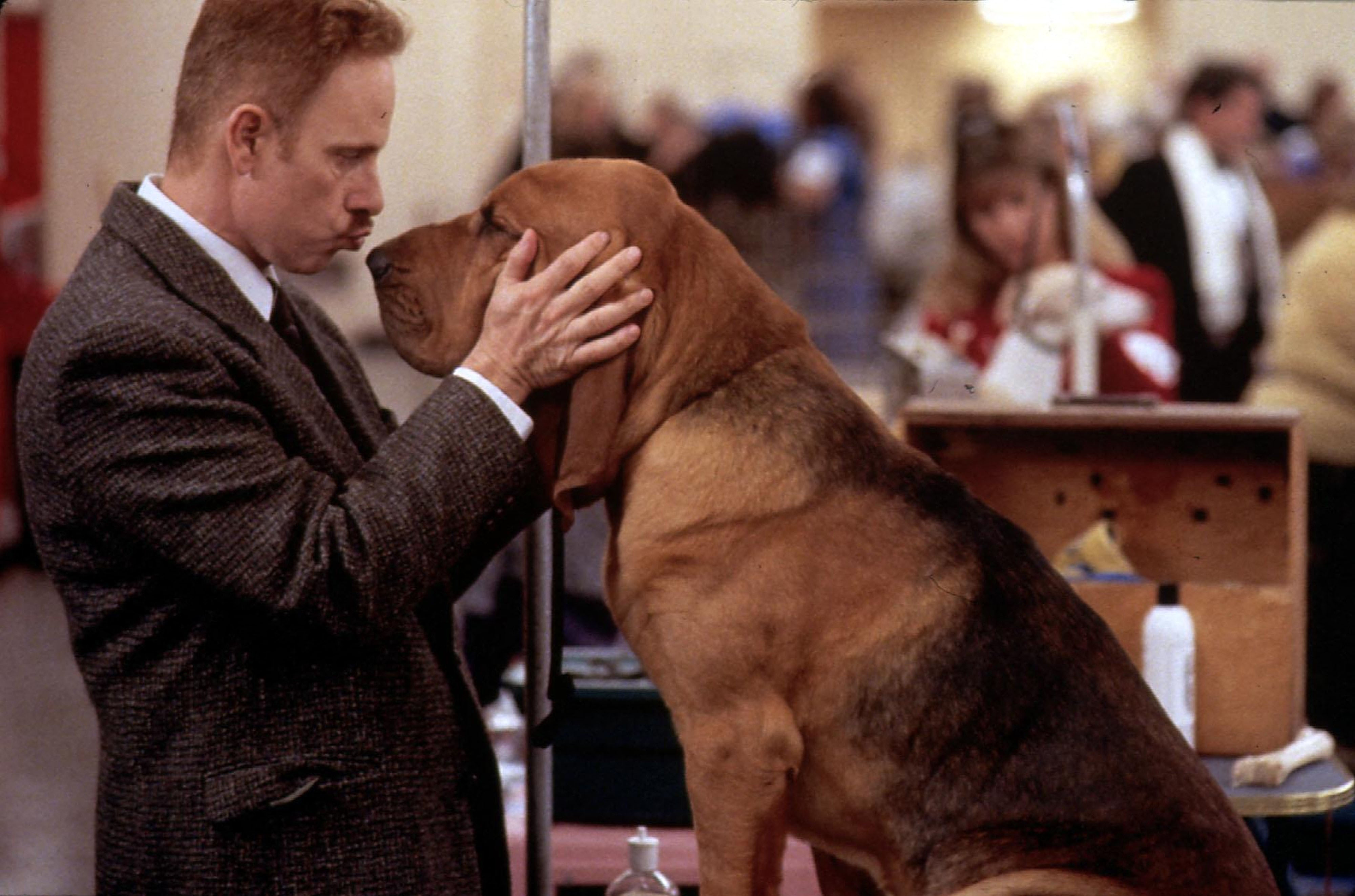 A man in a tweed jacket gently holds a Bloodhound’s face and presses his forehead to the dog’s, backstage at a busy dog show.