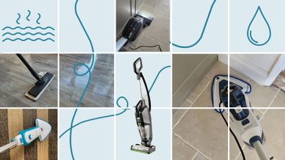 Images of the best steam cleaners from Russell Hobbs, Vax, Bissell, and Vileda being used on different floor types 