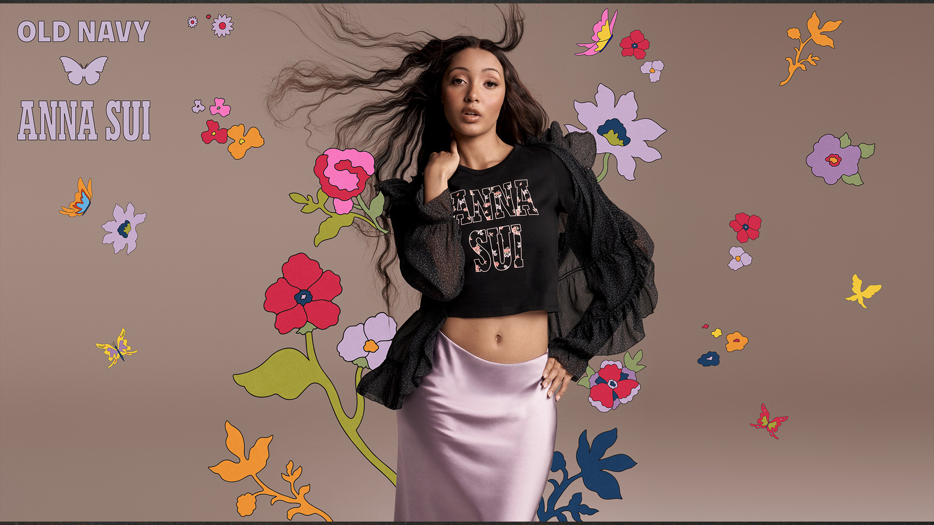 Pink Pantheress in the Anna Sui x Old Navy campaign.