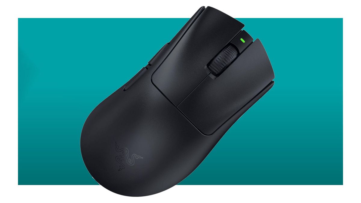 Razer DeathAdder V3 HyperSpeed gaming mouse against a teal background with a white border