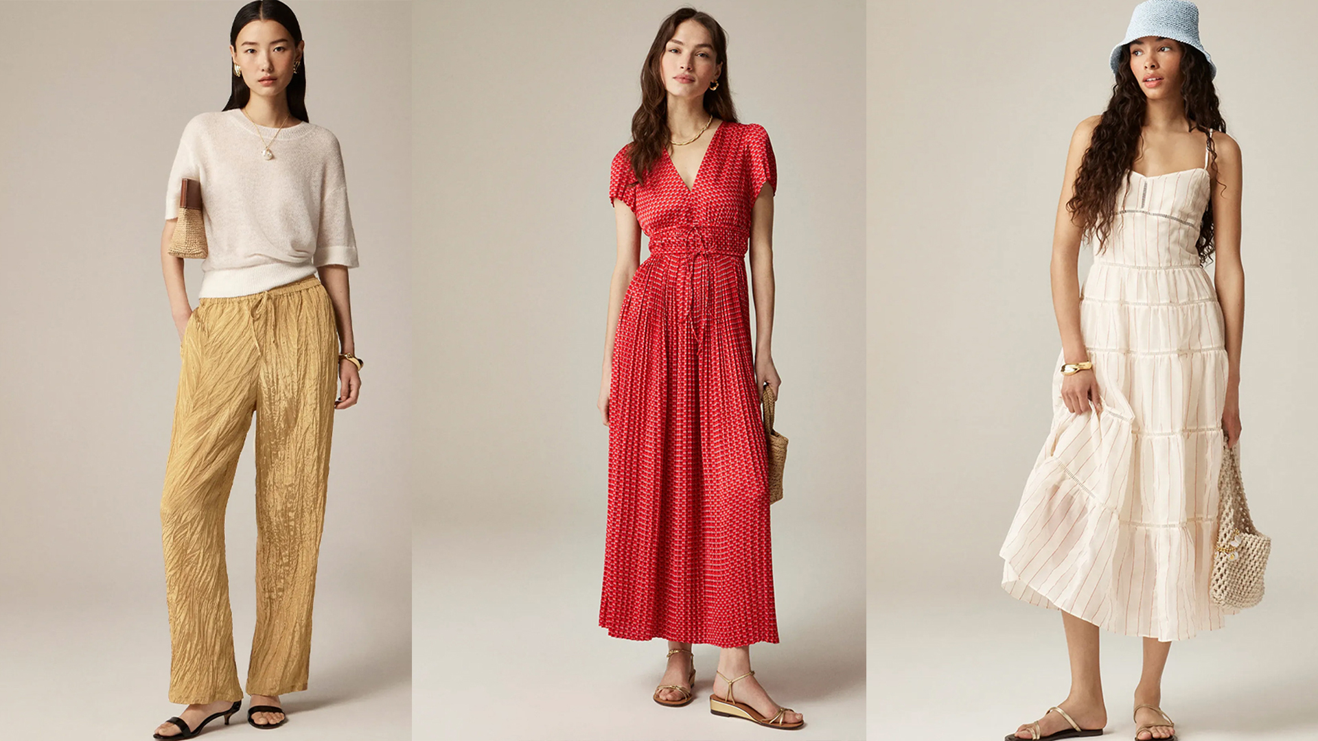 models wear j.crew clothes. model wears crinkle pants. model wears red dress. model wears. write dress.