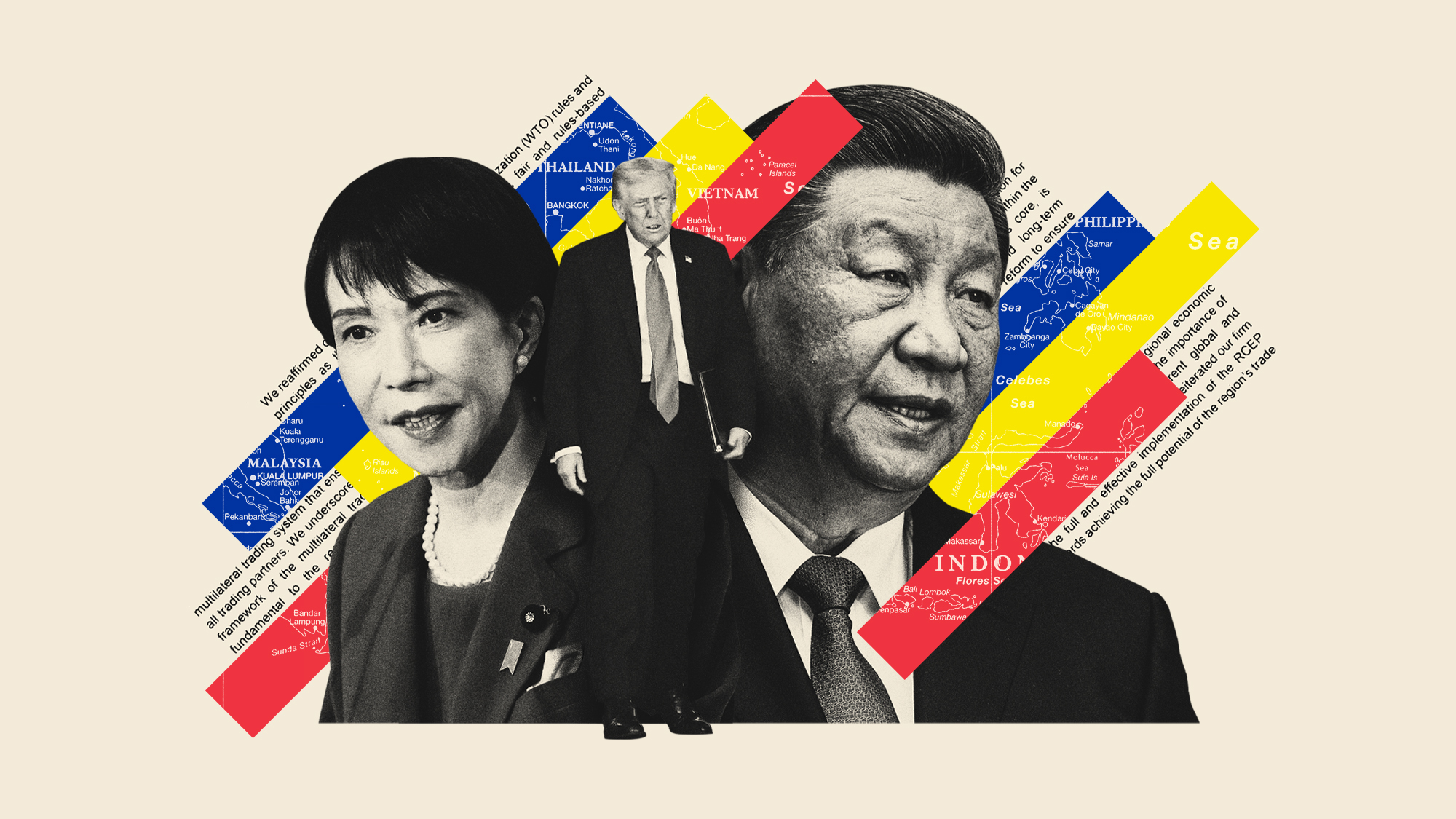Photo composite illustration of Donald Trump, Xi Jinping and Sanae Takaichi alongside the colours of the ASEAN flag and text from the ASEAN joint partner statement